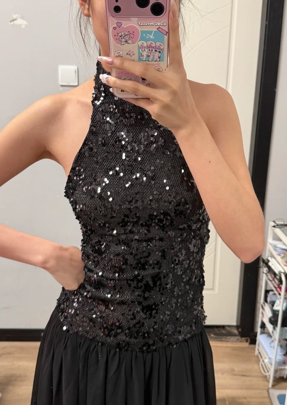 Shiny Prom Dress Black Halter Pleated Gala Dress Evening Dress Cocktail Dress HZ0319