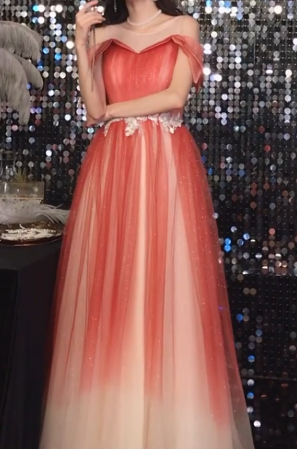 Ombre Prom Dress Crew Neck Pleated Tulle Gala Dress Evening Dress Formal Dress HZ0319