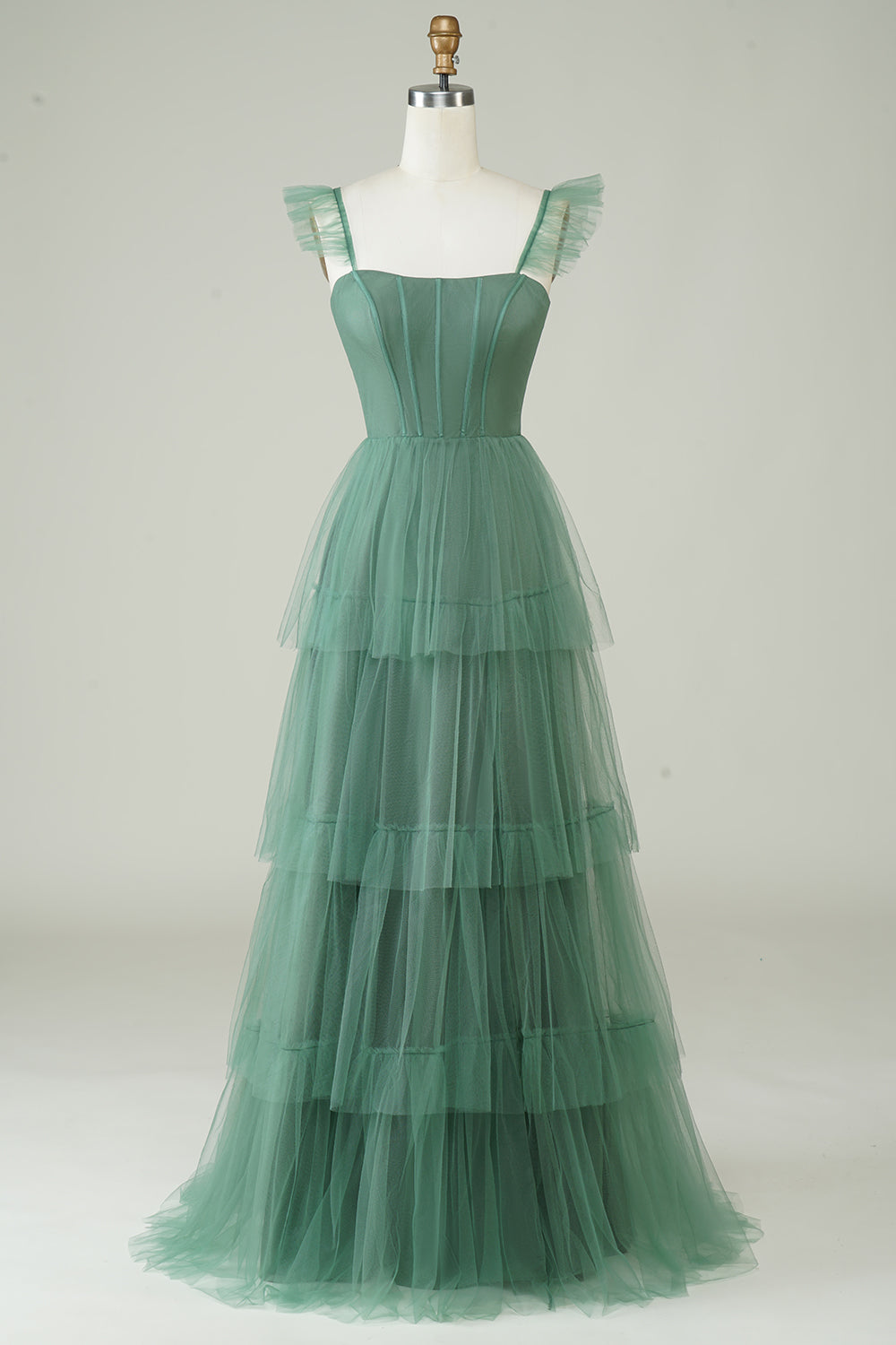 Smoky Blue Tiered A-Line Long Prom Dress with Flutter Sleeves