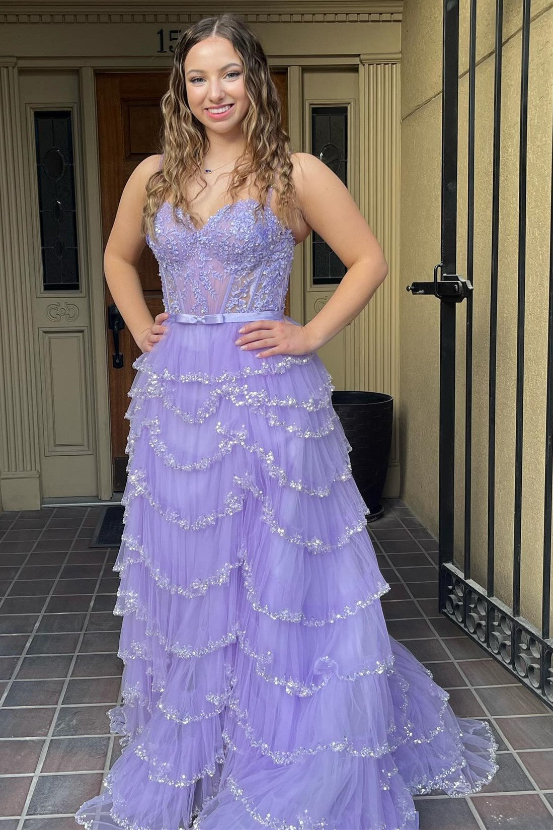 White Lace Beaded Ruffle Tiered Long Prom Dress with Slit