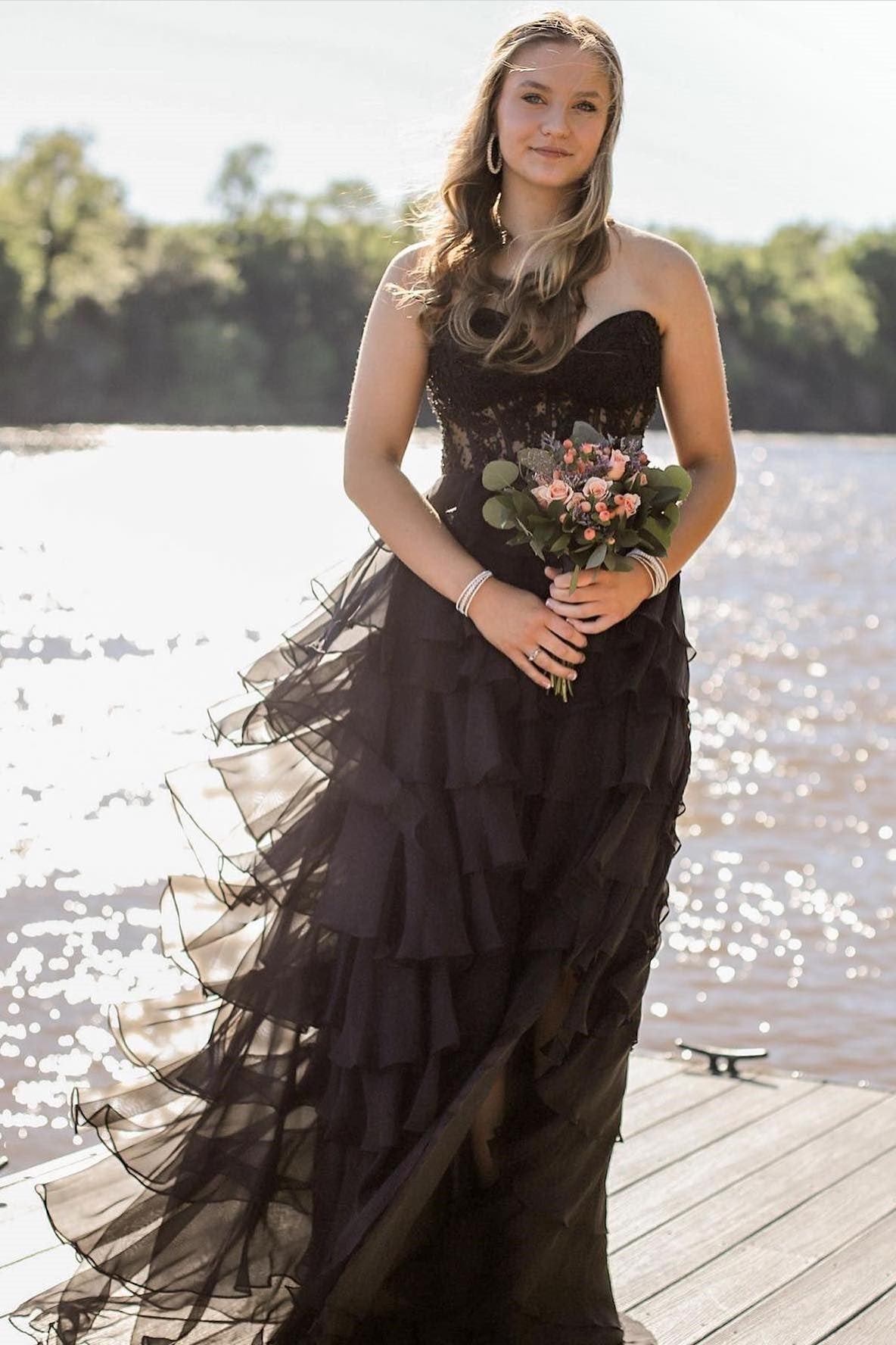 Royal Blue Chiffon Sweetheart Ruffle Tiered Long Prom Dress