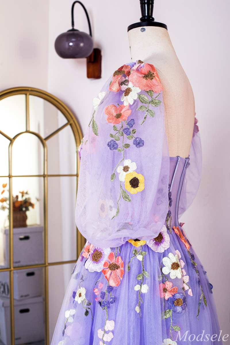 Lavender Floral Appliques Sweetheart A-Line Long Prom Dress