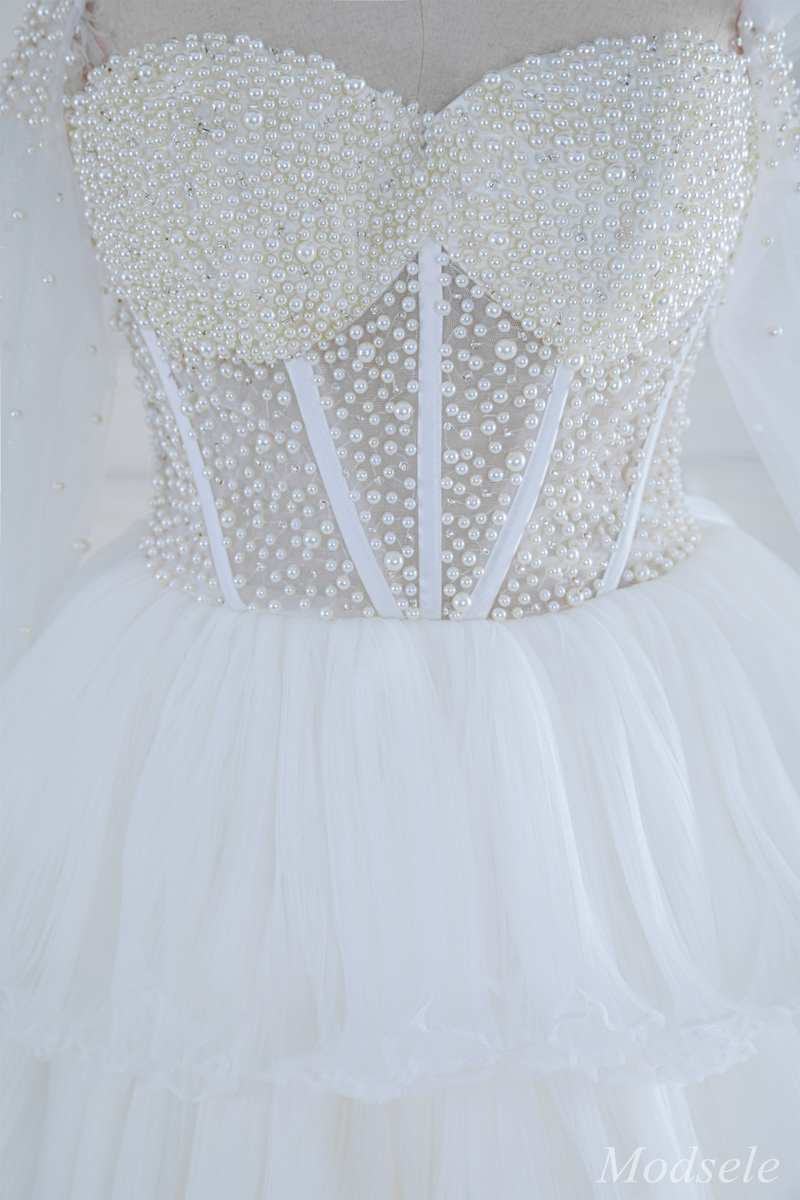White Beaded Strapless Ruffle Tiered Long Prom Dress