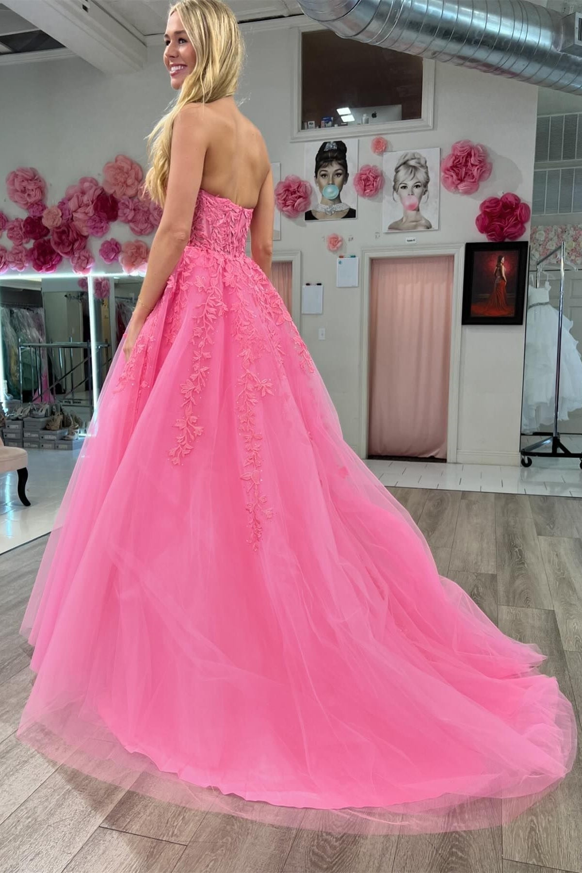 Aqua Blue Appliques Strapless A-Line Long Prom Dress