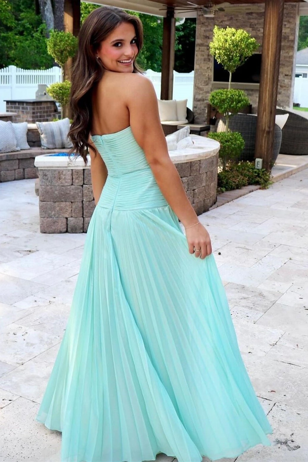 Hot Pink Strapless Keyhole Pleated A-Line Prom Dress