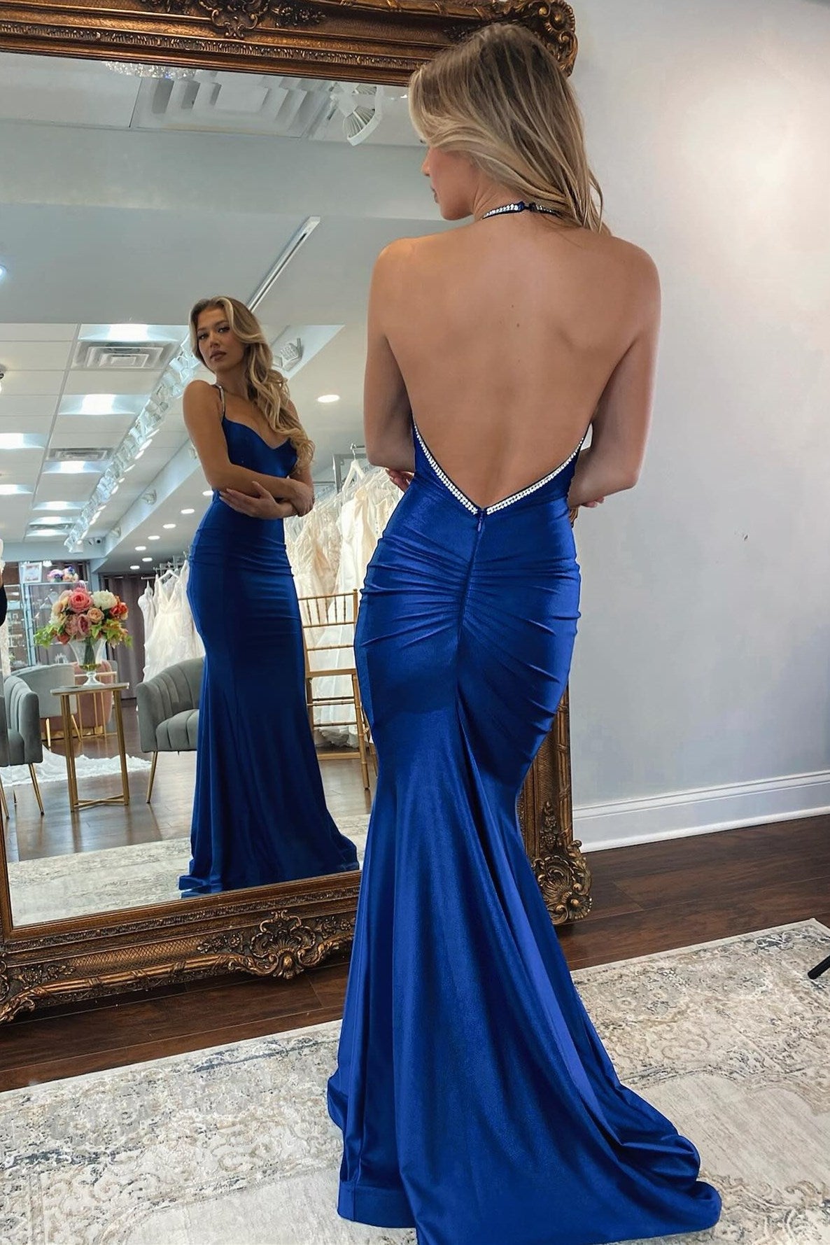Gorgeous V-Neck Pleats Mermaid Backless Long Formal Prom Dress