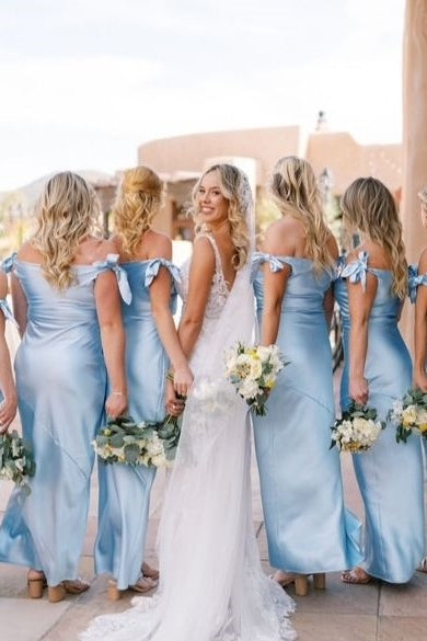 Blue Sheath Off-Shoulder Satin Bow Pleated Long Bridesmaid Dress
