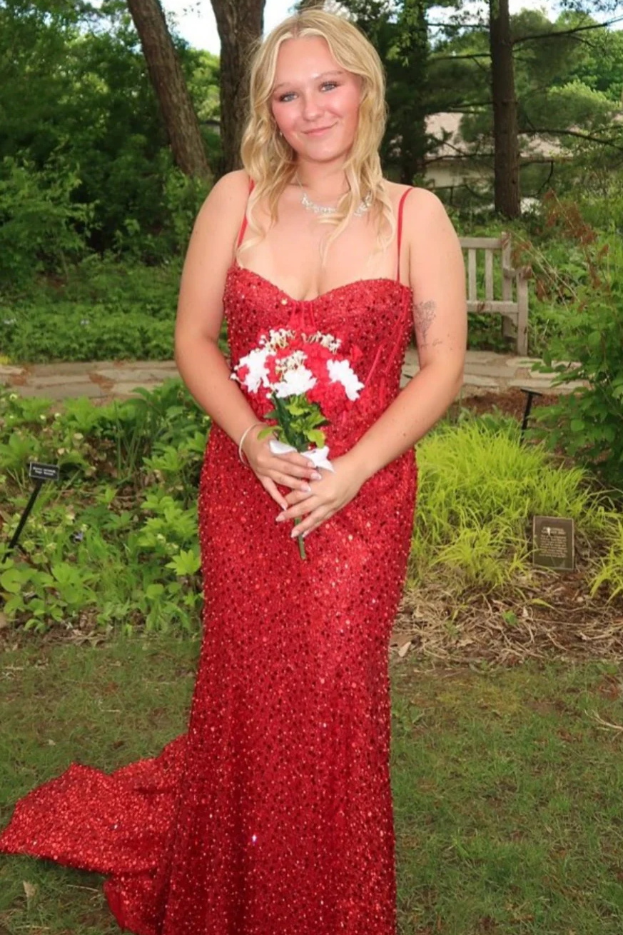 Mermaid Spaghetti Straps Glitter Mermaid Long Prom Formal Dress