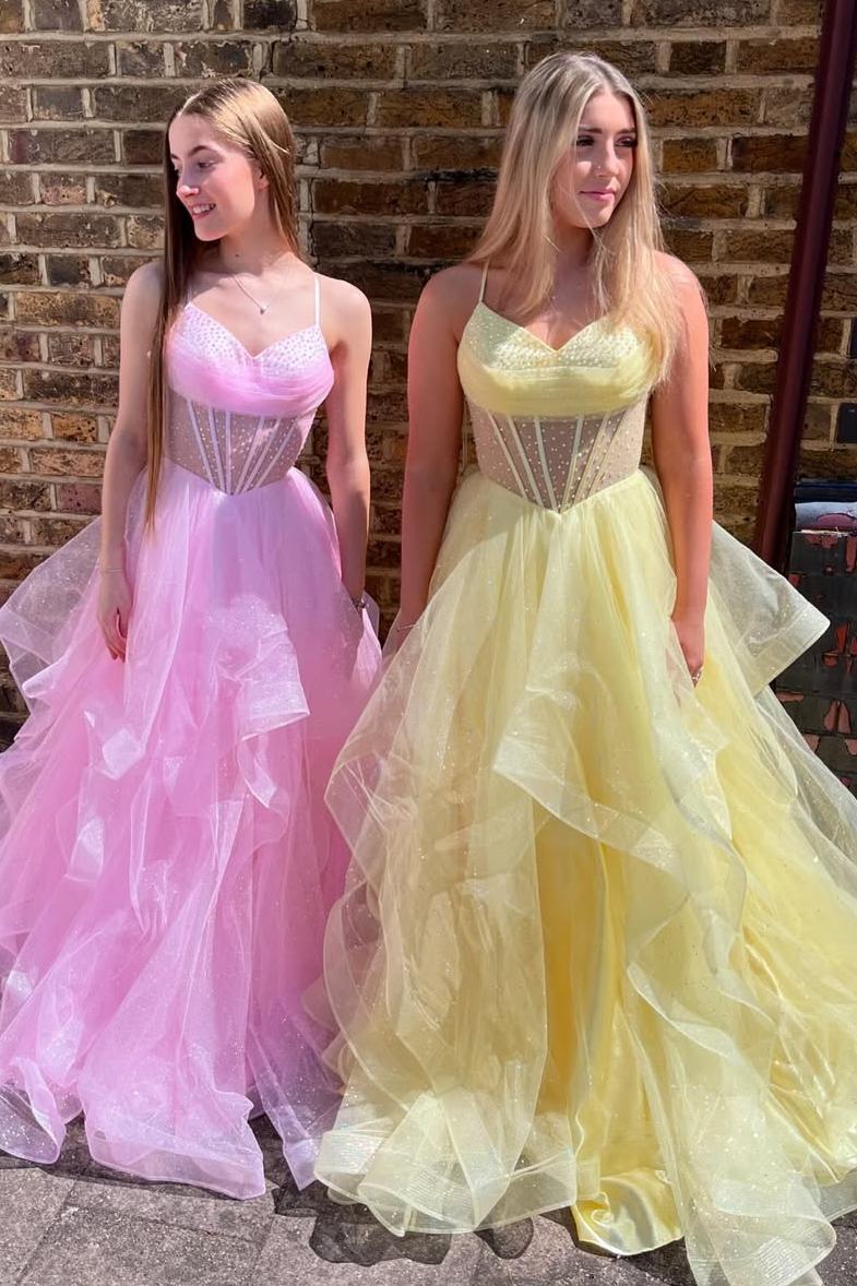 Classy Spaghetti Straps A-Line V-Neck Ruffles Tulle Long Prom Dress
