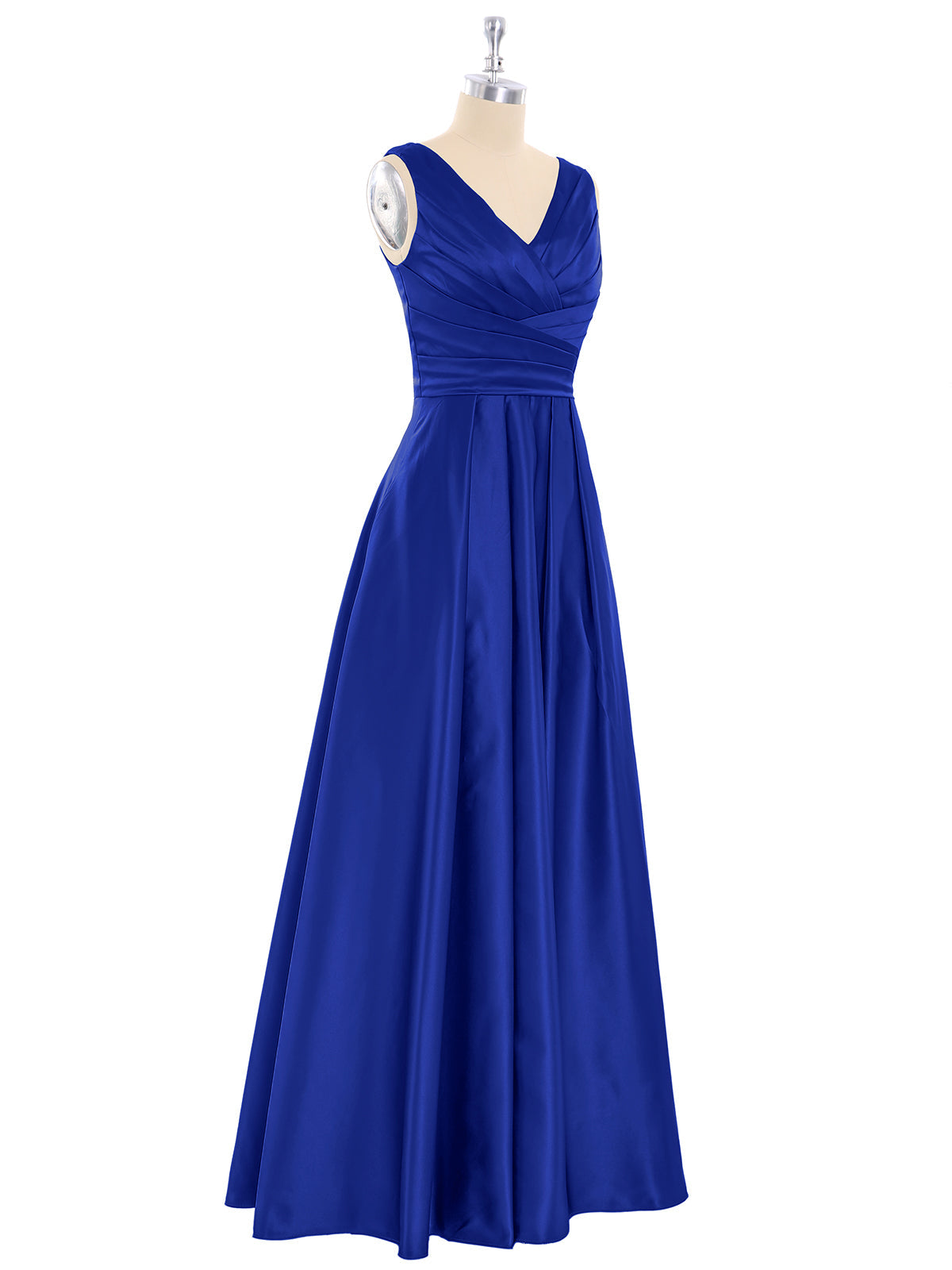 Open Back Long Satin Gown with V-neck-Royal Blue