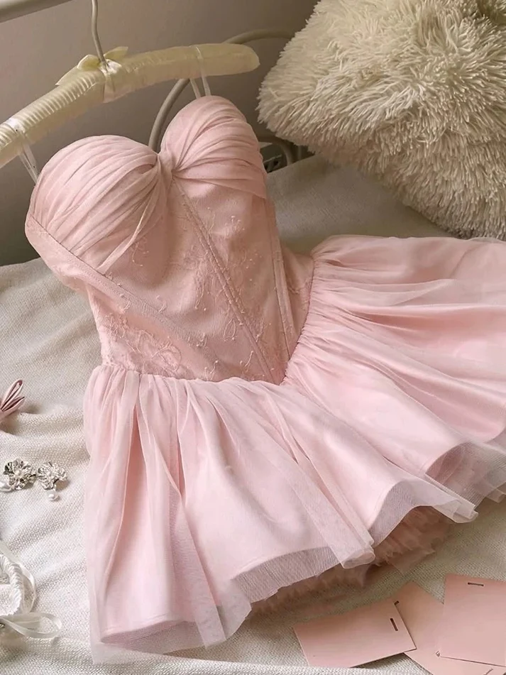 Cute Pink Sweetheart Neck Lace Tulle A Line Short Birthday Dress Homecoming Dress cc3451