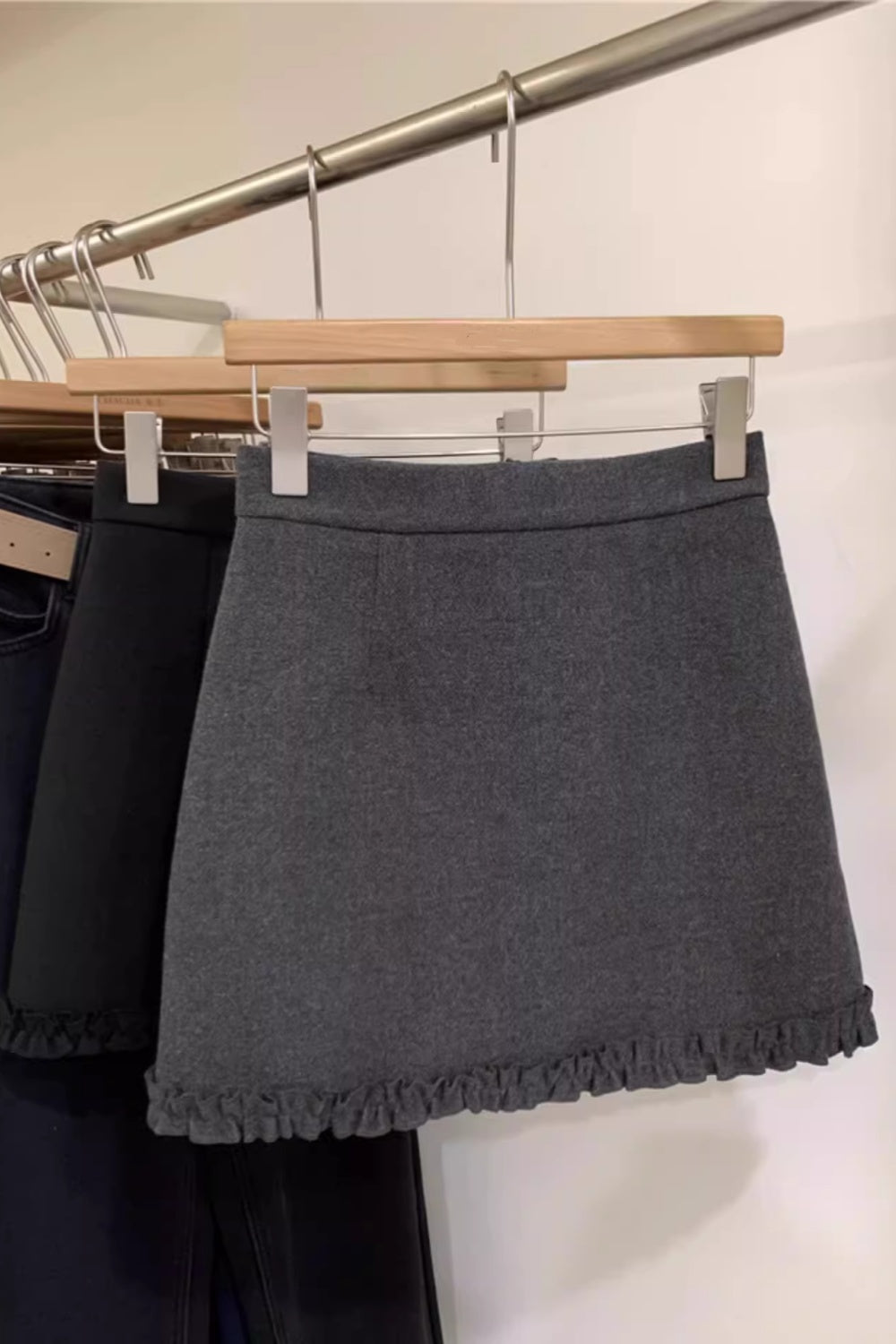 Grey wool midi skirt for women, high-waisted A-line bodycon skirt with lace trim, slimming short skirt for petite women. 11412