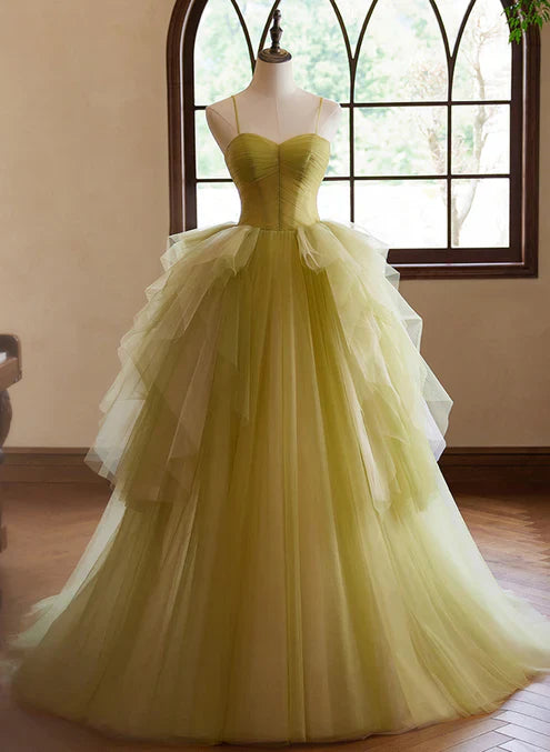 Green Sweetheart Straps Tulle Long Party Dress Prom Dress A Line december wedding guest dress