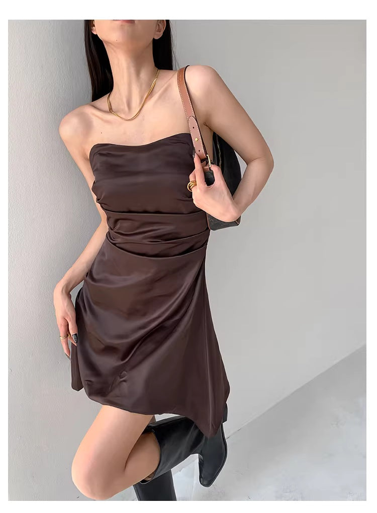 American-style sweet bean sexy pleated waist dress, spring and autumn strapless pure and sexy one-shoulder satin mini skirt trendy 11480