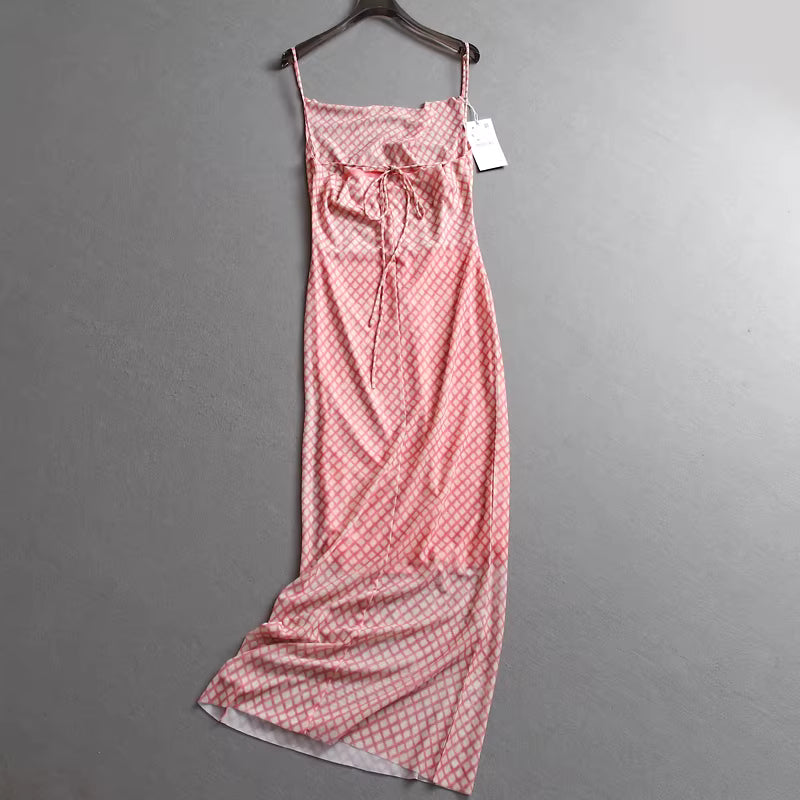 Plaid slim-fit bodycon skirt, mesh skirt, off-shoulder style, summer new style suspender dress for women 11297