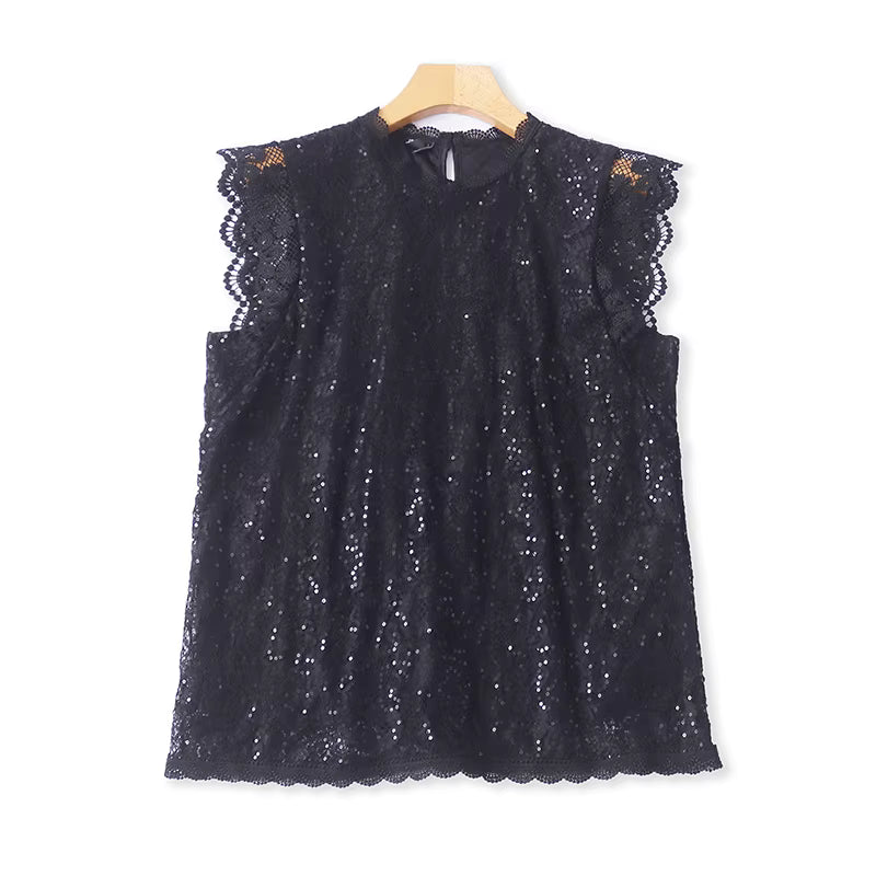 Summer fashion sequined lace top with lace sleeves, elegant and sparkly vest top, slimming for women. 11378