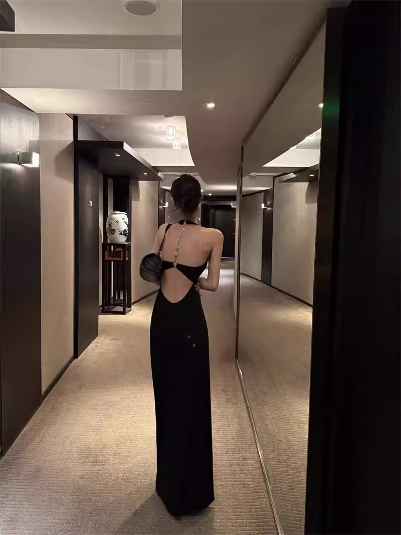 Contrasting Style Backless Dress Women's Summer Slim Fit Long Dress Black High-End Elegant Skirt Bodycon Skirt 11450