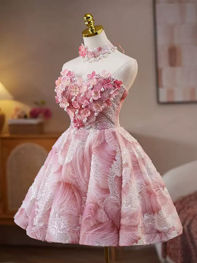Pink fluffy sweet girl short prom dress homecoming dress party birthday party tube top princess dress gh4605
