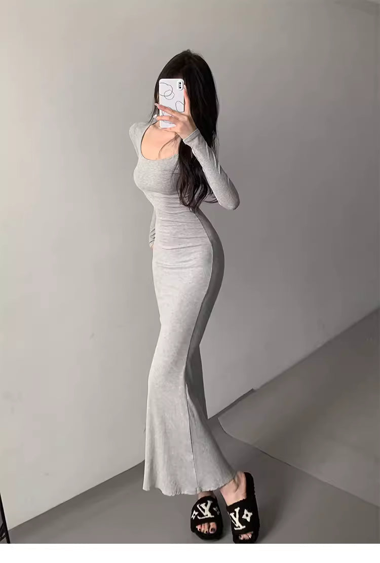 Sexy, U-neck, bodycon, long-sleeved, figure-hugging fishtail dress, a classic style favored by Western hot girls. 11471