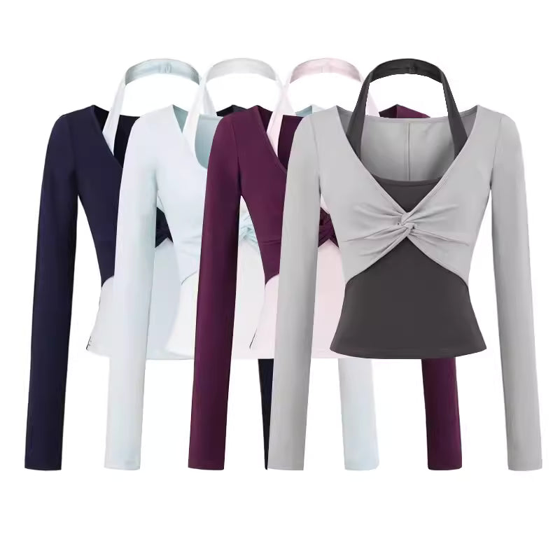 Color-blocked knotted faux two-piece halter neck long-sleeved T-shirt for women, autumn style, sexy look, slimming and flattering. 11433