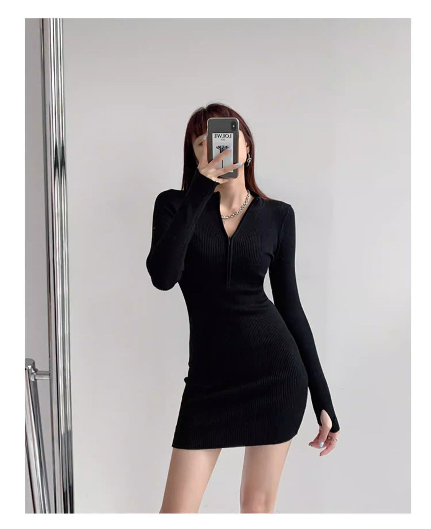 Sexy and hot style zipper high neck bodycon mini skirt women's spring and autumn long sleeve knitted little black dress tight dress trendy 11481