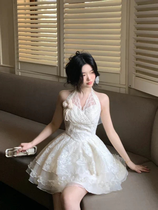 Vintage Ivory Lace A-Line Homecoming Dress Sequin Party Dress Short Halter-neck Cocktail Dress HZ1024