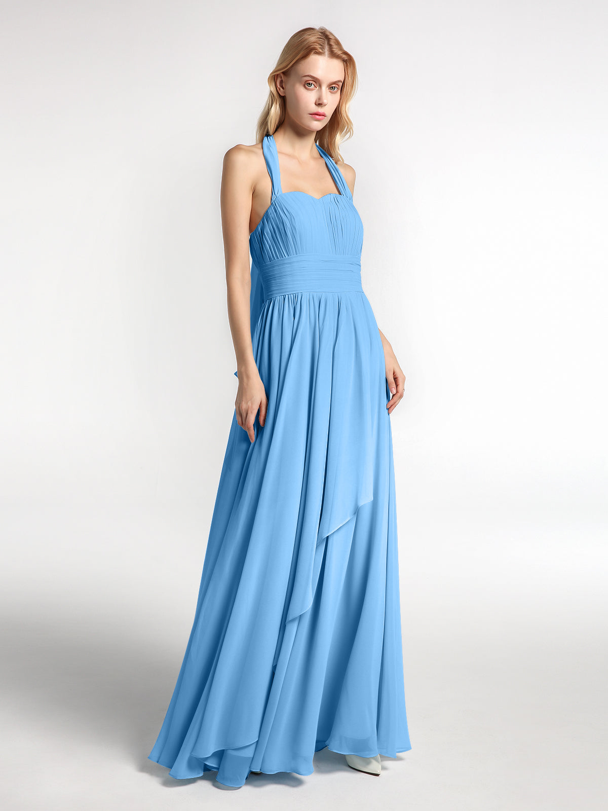 Halter Chiffon Dresses with Cascade Skirt-Blue