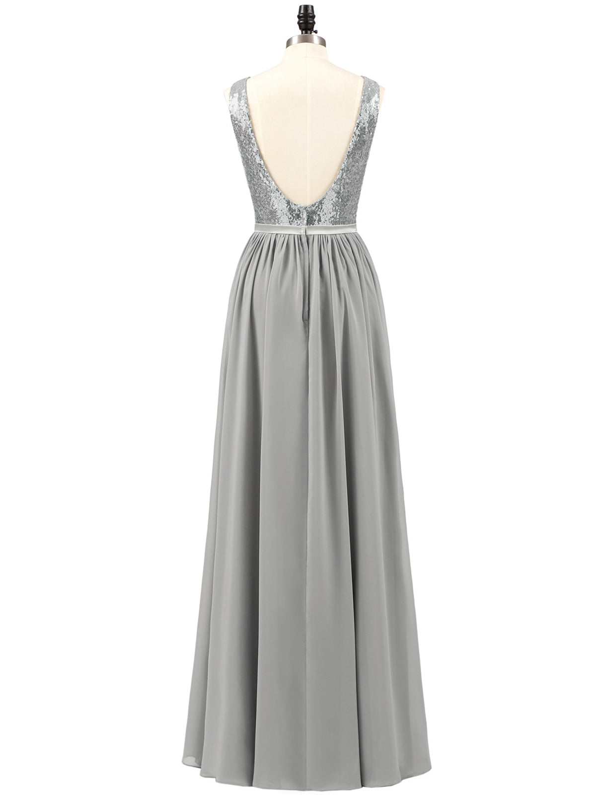 Sequins and Chiffon Dress with Slit-Silver