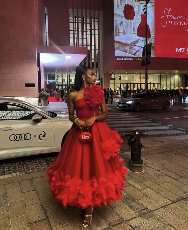 Pretty Ball Gown One Shoulder Red Tulle Ruffles Evening Dress Prom Dresses HZ1024