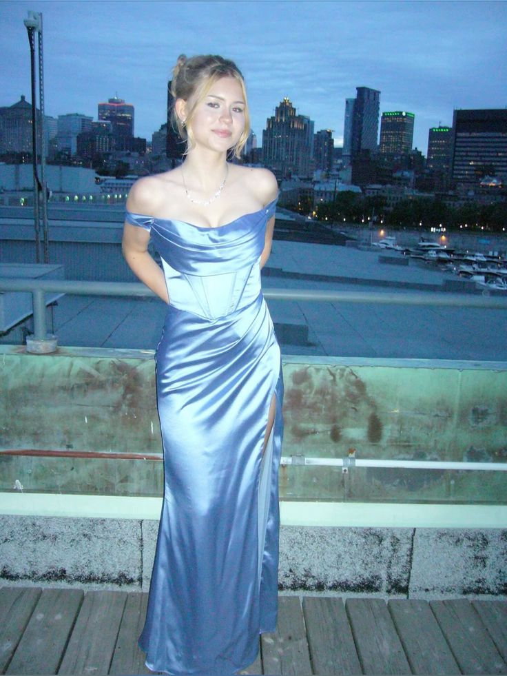 Elegant Blue Mermaid Off-Shoulder Slit Satin Long Prom Dress Evening Dress cc5004