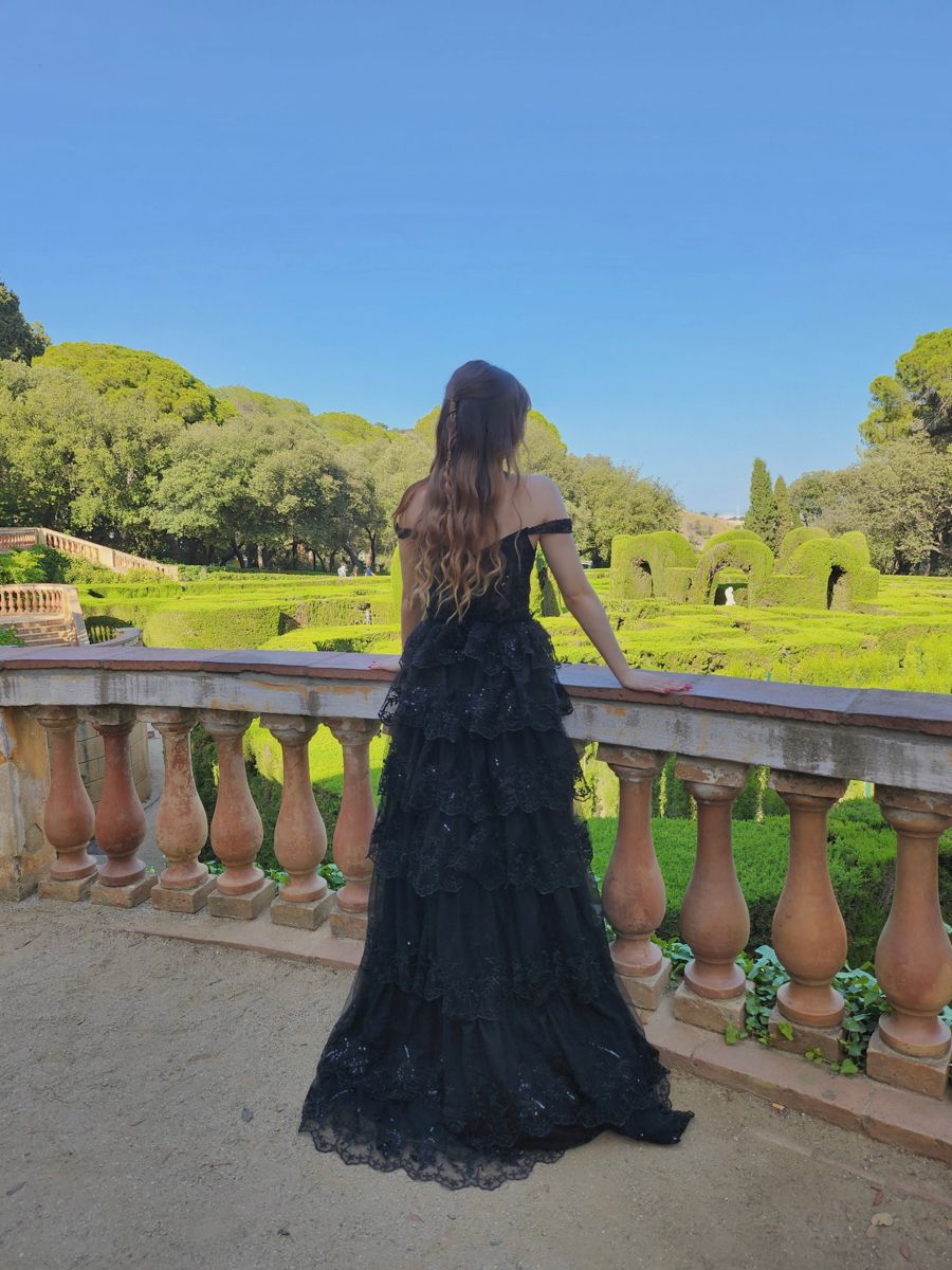 Elegant Black A-line Off-shoulder Layered Lace Tulle Slit Long Prom Dress Evening Dress cc5022