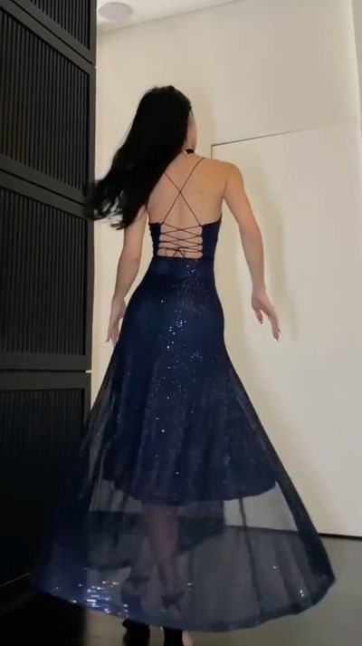 Sexy Navy Blue V-Neck Crisscross Strap High Slit Sequined Tulle Long Prom Dress Evening Dress cc5091