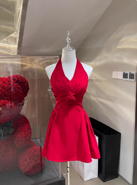 Elegant Halter Neck Red Satin A-Line Birthday Short Skirt Homecoming Dress cc3809