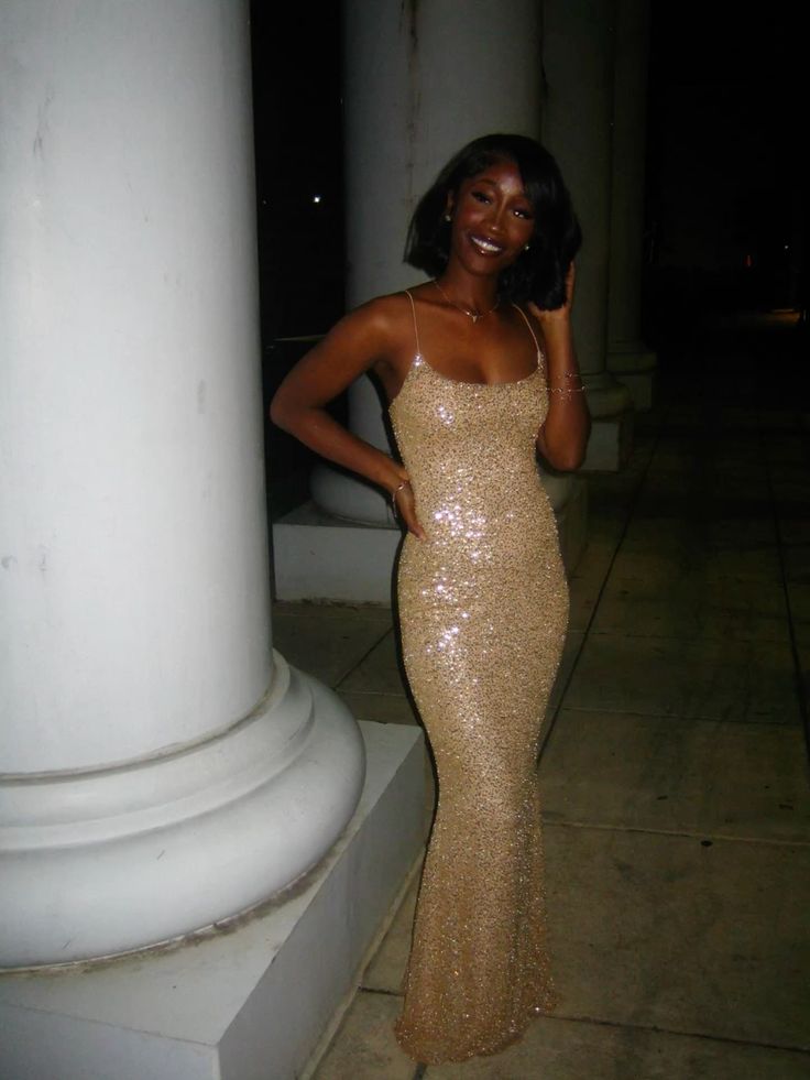 Sparkling Champagne Gold Mermaid Spaghetti Strap Sequined Long Prom Dress Evening Dress cc5141