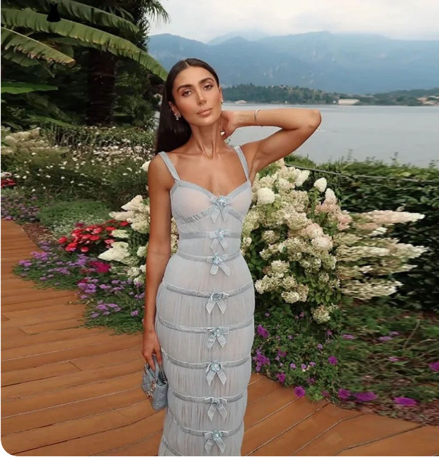 Elegant Light Slate Blue Slim-Fit Spaghetti Strap Bow Tulle Prom Dress Evening Dress cc5185