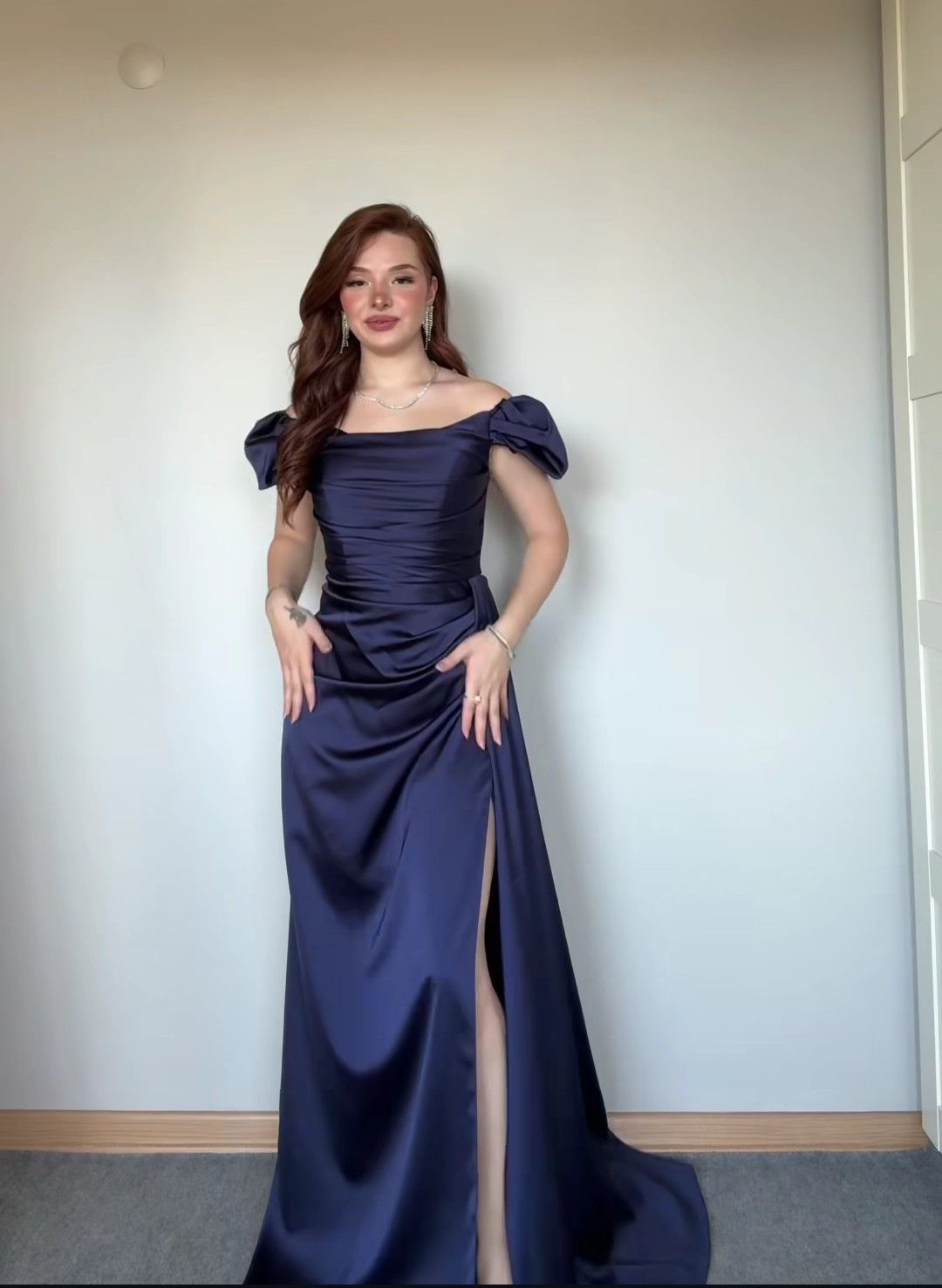 Elegant Navy Blue Slim-Fit Off-the-Shoulder Ruched High-Slit Satin Prom Dress Evening Dress cc5186