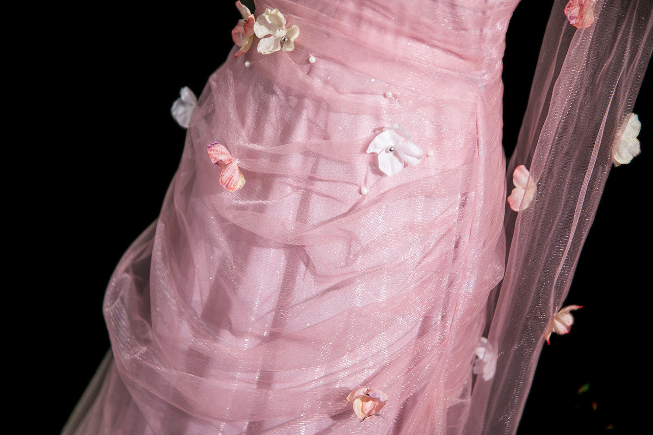 Elegant Light Pink A-Line Strapless 3D Floral Tulle Long Prom Dress Evening Dress cc5196