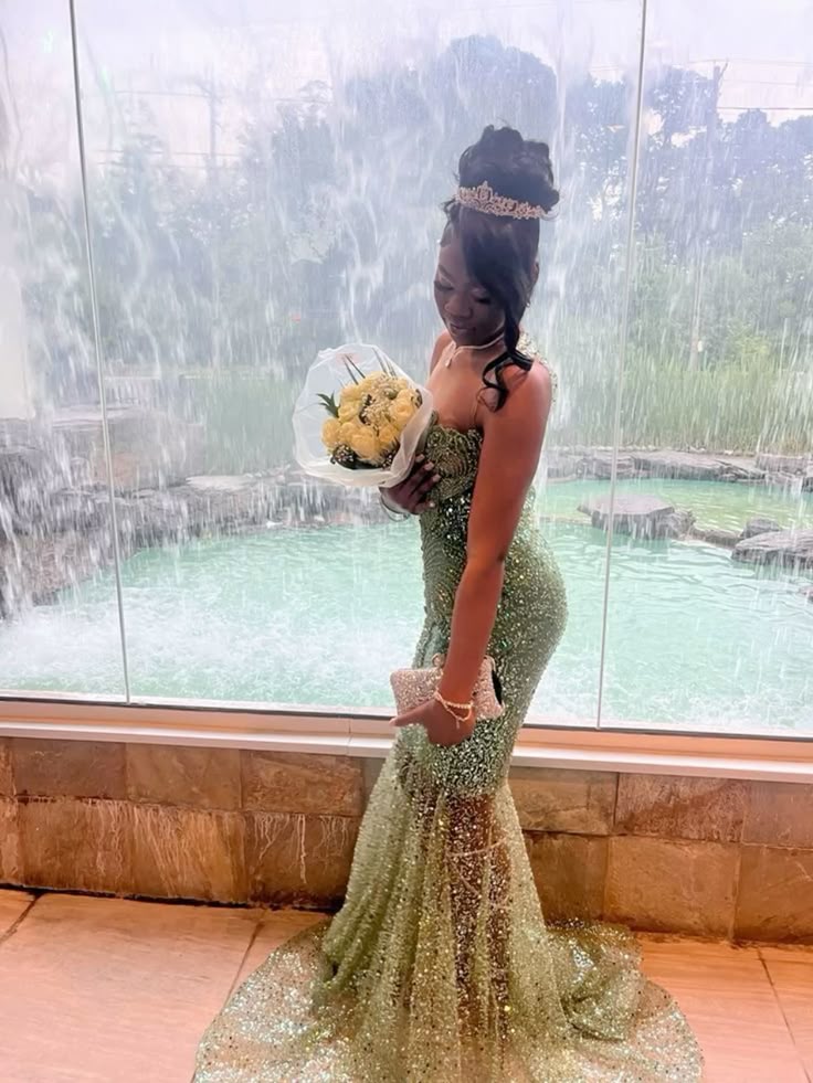 Gorgeous Green Mermaid Strapless Sequin Tulle Train Prom Dress Evening Dress cc5216