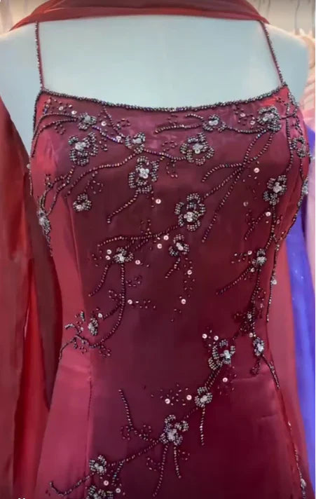 Vintage Burgundy Slim-Fit Camisole Beaded Embroidery Floral Branch Satin Long Prom Dress Evening Dress cc5228