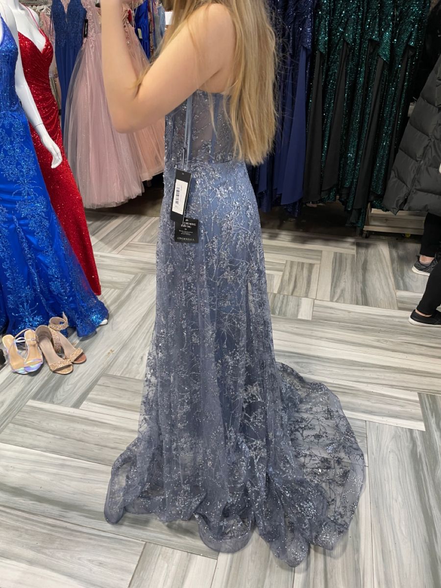 Elegant Haze Blue Mermaid Strapless Lace Tulle Train Prom Dress Evening Dress cc5245