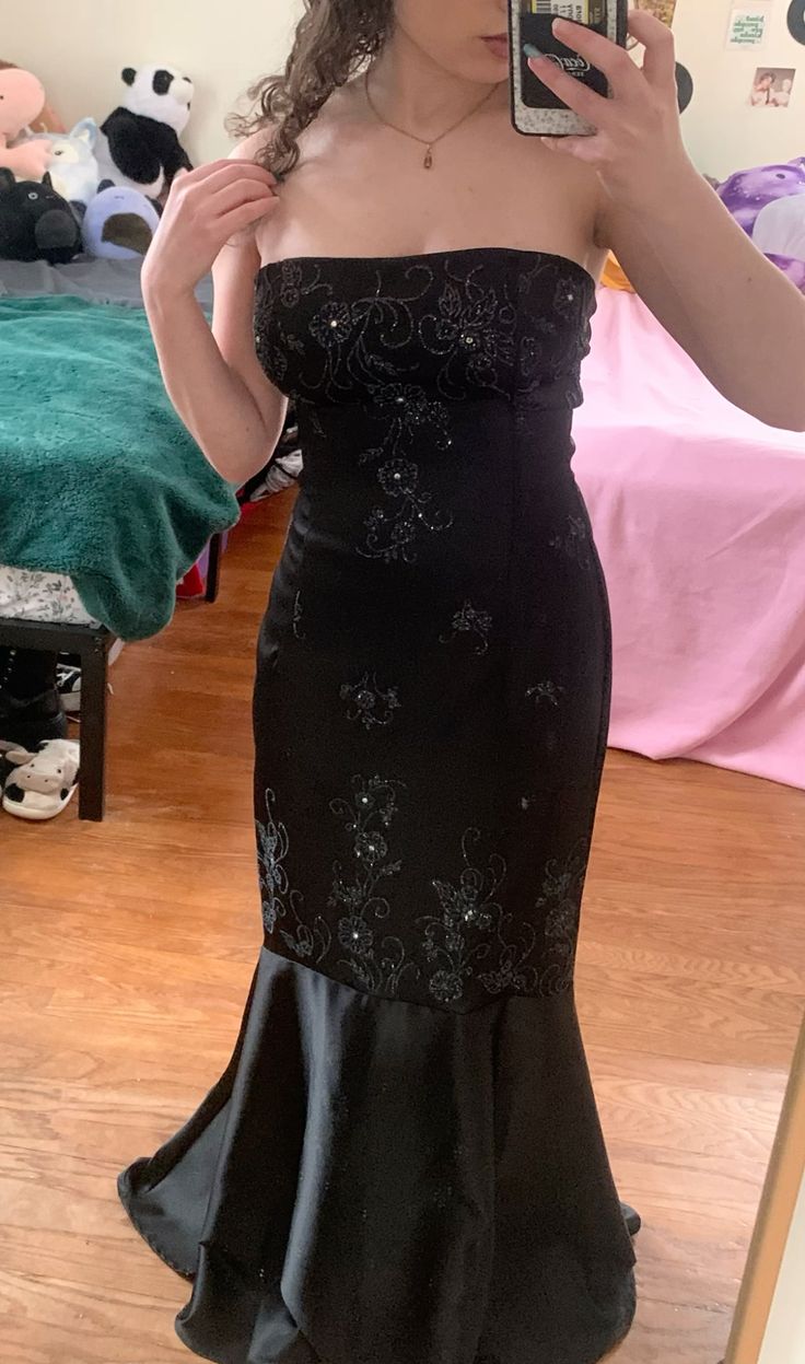 Vintage Black Mermaid Strapless Beaded Velvet Long Prom Dress Evening Dress cc5246