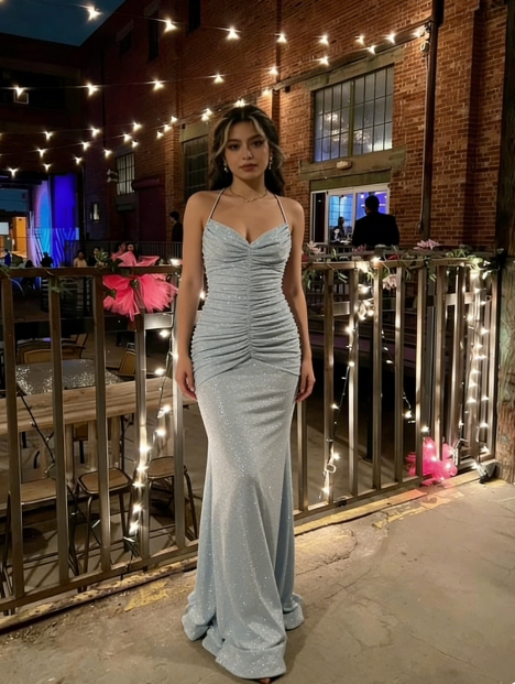 Elegant Light Blue Mermaid Halter V-Neck Ruched Backless Shimmer Satin Train Prom Dress Evening Dress cc5266