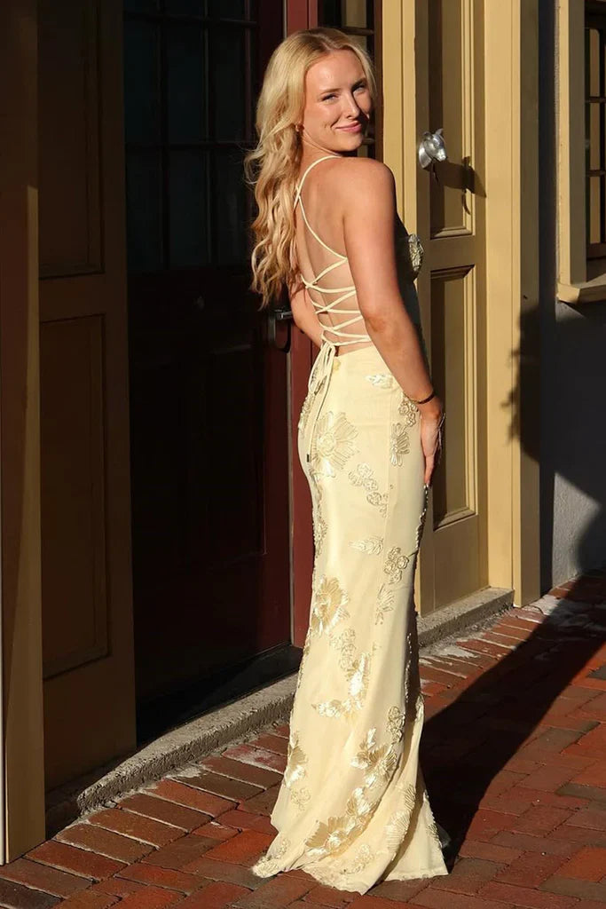 Elegant Yellow Mermaid Thin Strap 3D Floral Tulle Long Prom Dress Evening Dress cc5393