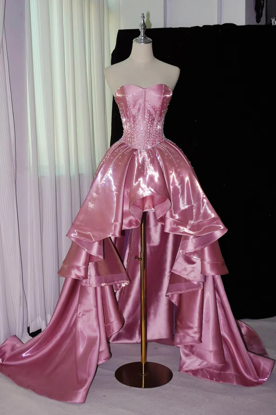 Princess Pink Strapless Beaded High-Low Train Satin Prom Dress Evening Dress cc5394