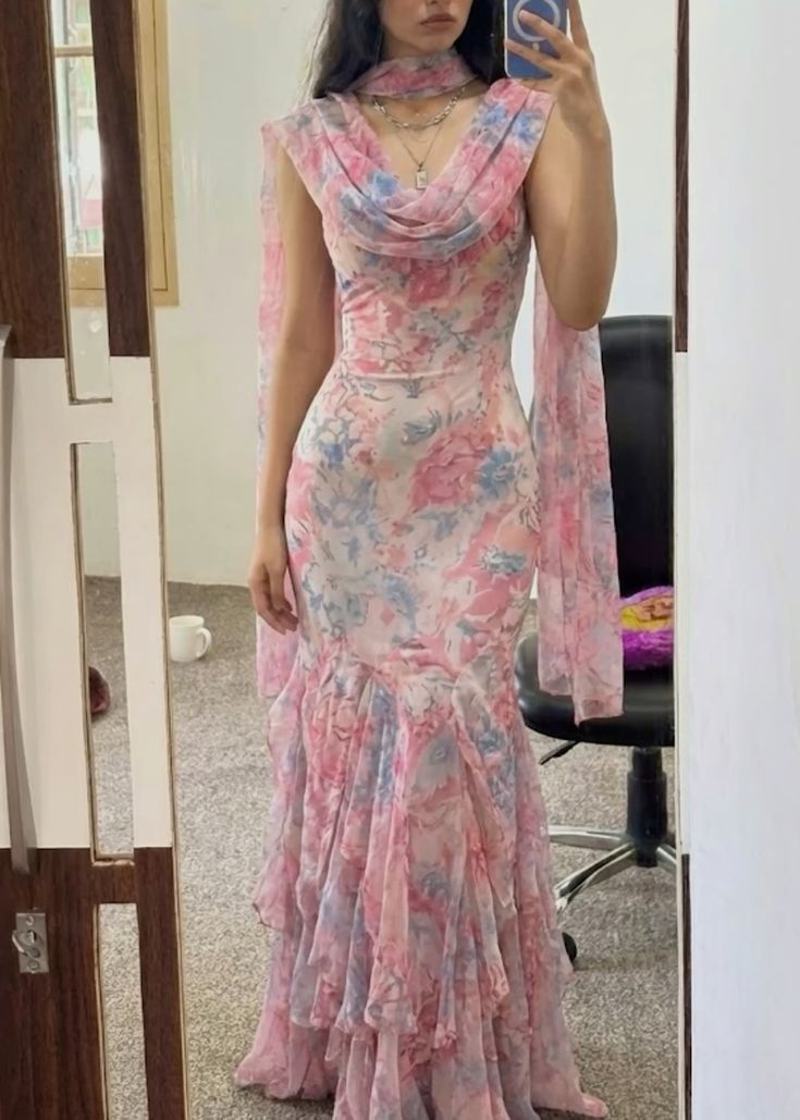 Soft Blush Blue Floral Print Mermaid Spaghetti Strap Chiffon Long Prom Dress Evening Dress cc5411