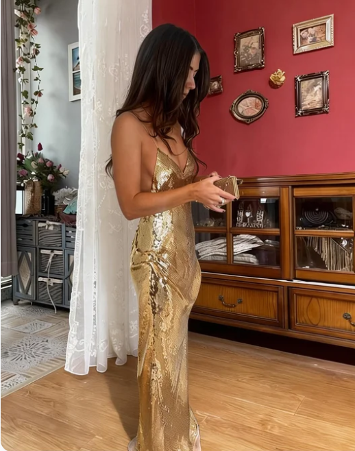 Vintage Gold Spaghetti Strap Deep V-Neck Mermaid Sequin Long Prom Dress Evening Dress cc5468