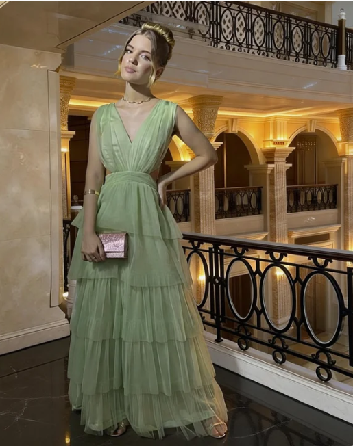 Elegant Green V-Neck A-Line Layered Tulle Long Prom Dress Evening Dress cc5494