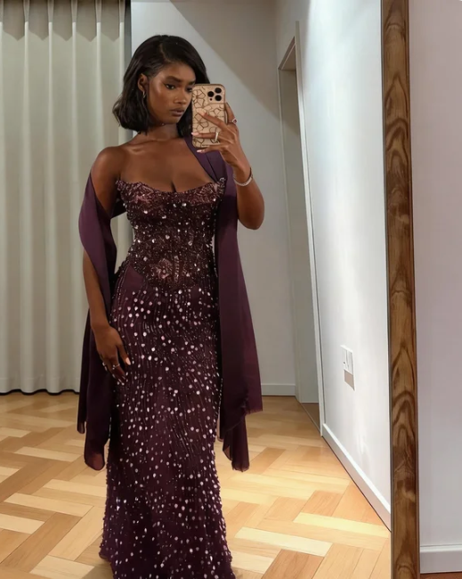 Luxurious Deep Purple Strapless Mermaid Sequin Tulle Long Prom Dress Evening Dress cc5498