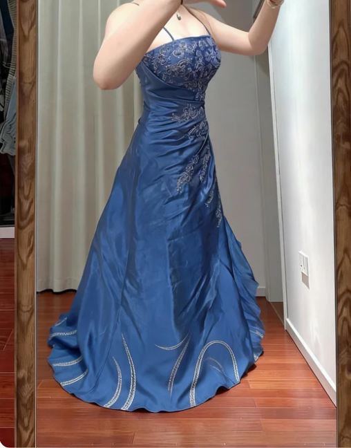 Elegant Blue A-Line Beaded Embroidered Satin Long Prom Dress Birthday Dress cc5513