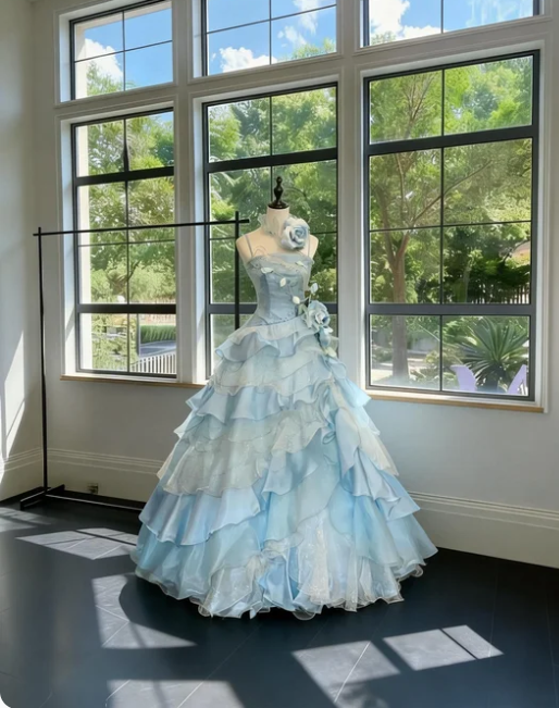 Dreamy Light Blue Gradient Spaghetti Strap 3D Floral Layered Tulle Long Prom Dress Birthday Dress cc5521